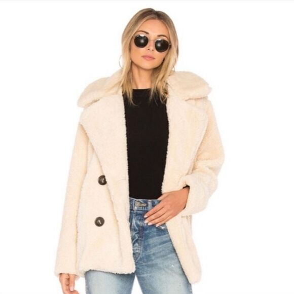 Free People Notched Teddy Peacoat in Ivory Shearling Faux Fur Womens Size Medium - Picture 2 of 9